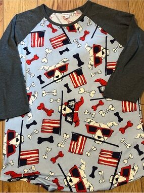 LuLaRoe Raglan Tee in Heather Gray with Pink and Light Blue Bone Print